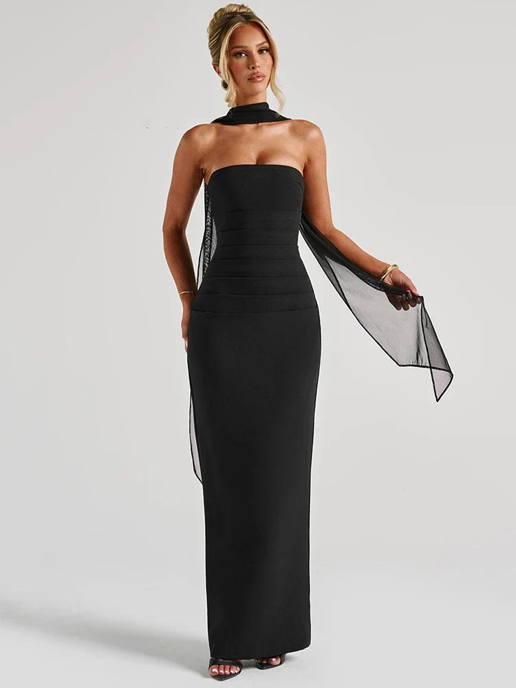 Scarf Collar Backless Maxi Dress