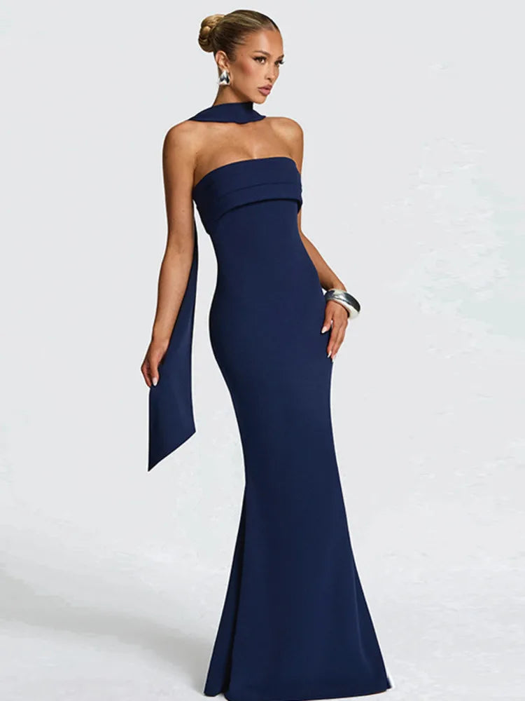Scarf Collar Backless Bodycon Maxi Dress