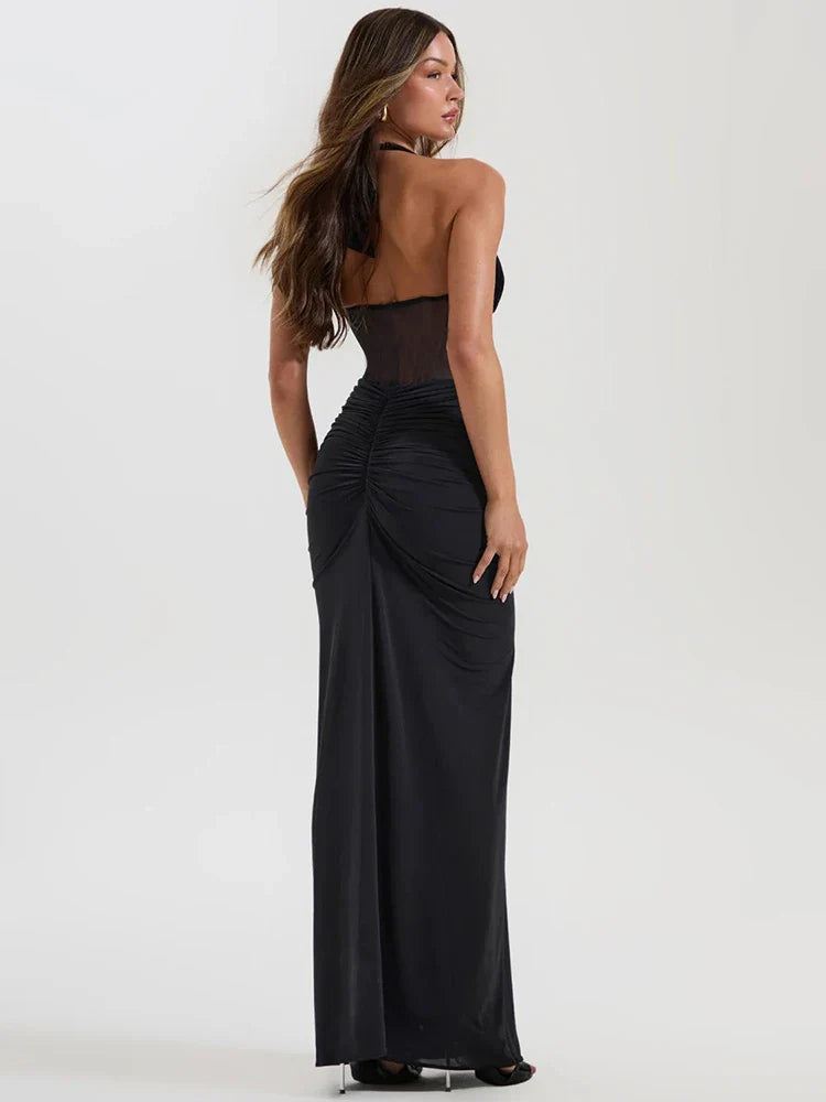 Halter V-Neck Ruched Backless Maxi Dress