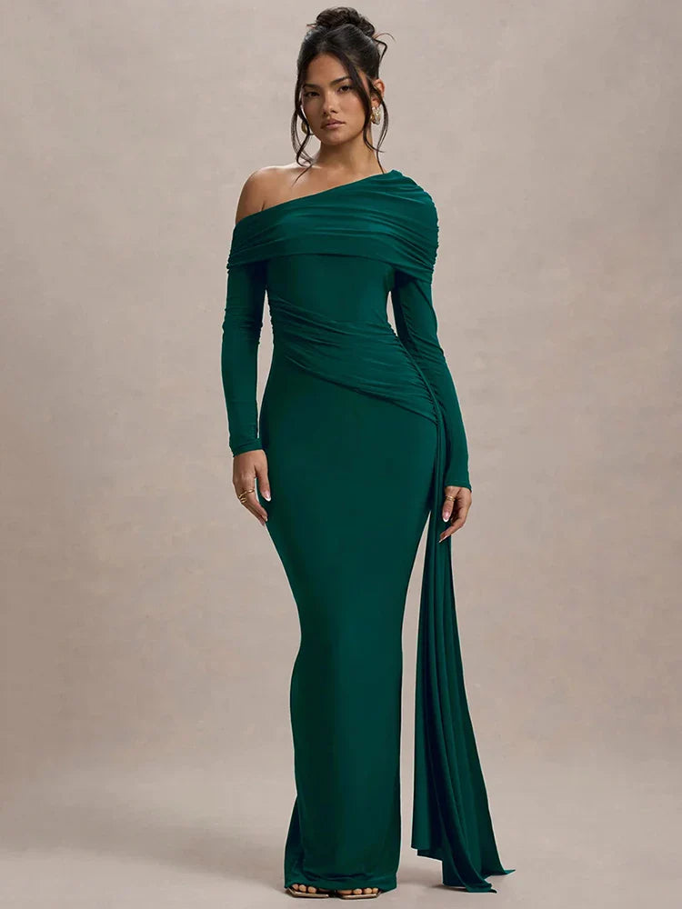 Skew Collar Ruched Backless Maxi Dress