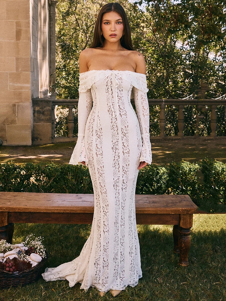 Lace Off-Shoulder Backless Maxi Dress
