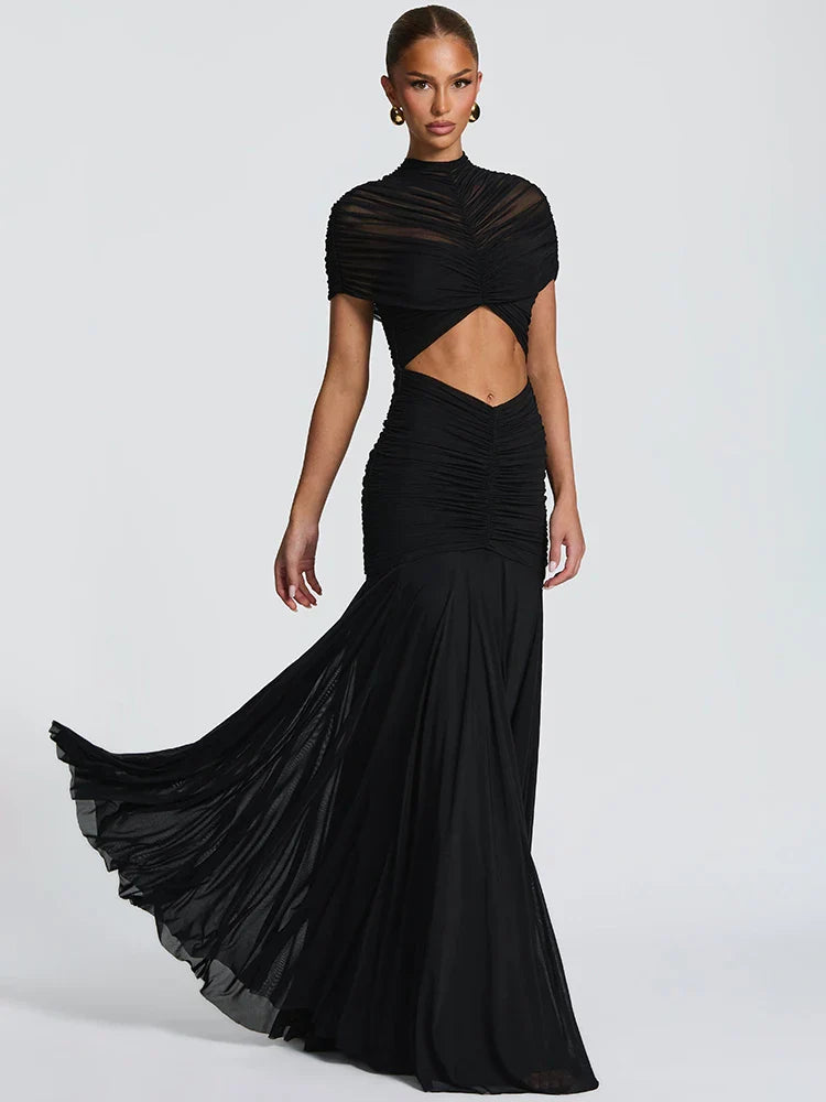 Ruched Turtleneck Hollow-Out Maxi Dress
