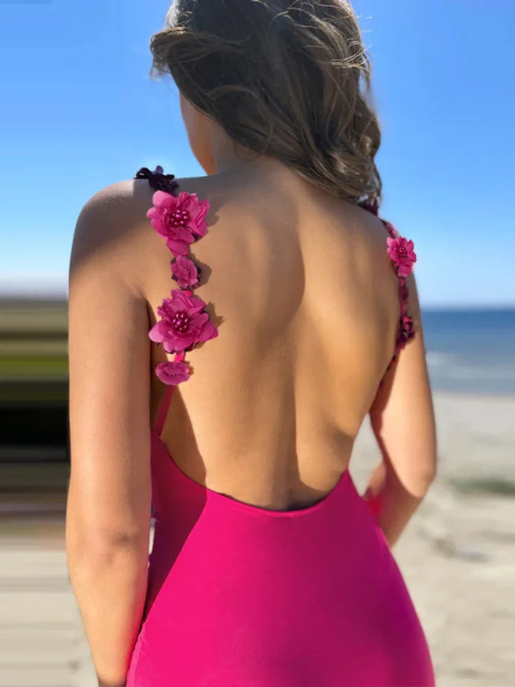 Rose Pink Flower Backless Maxi Dress