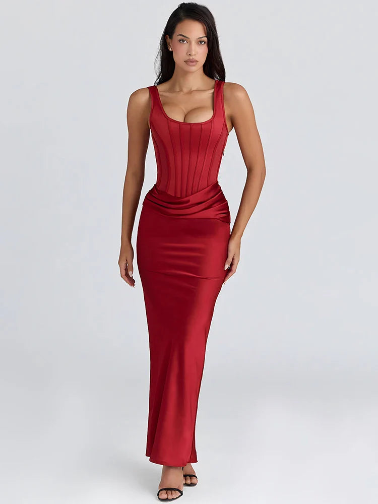 Square Collar Ruched Backless Maxi Dress