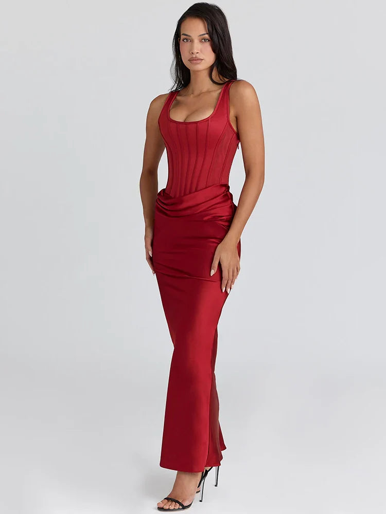 Square Collar Ruched Backless Maxi Dress