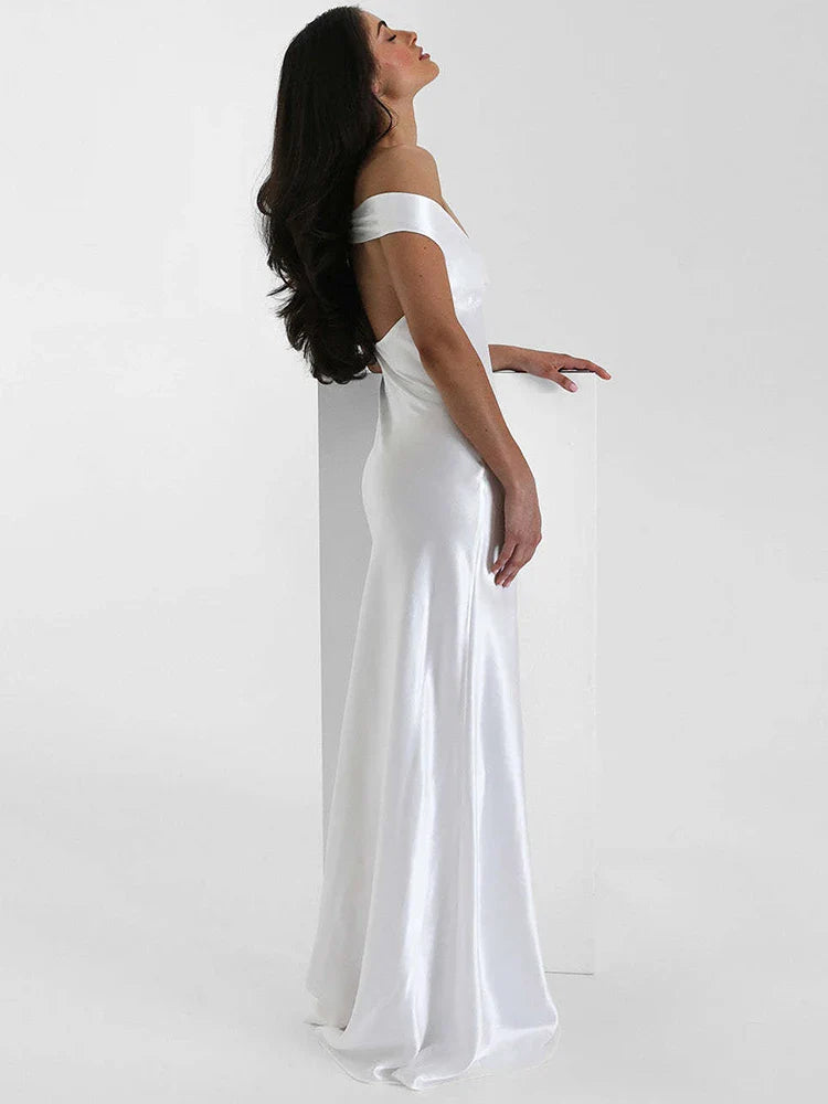 Satin Off-Shoulder Backless Maxi Dress