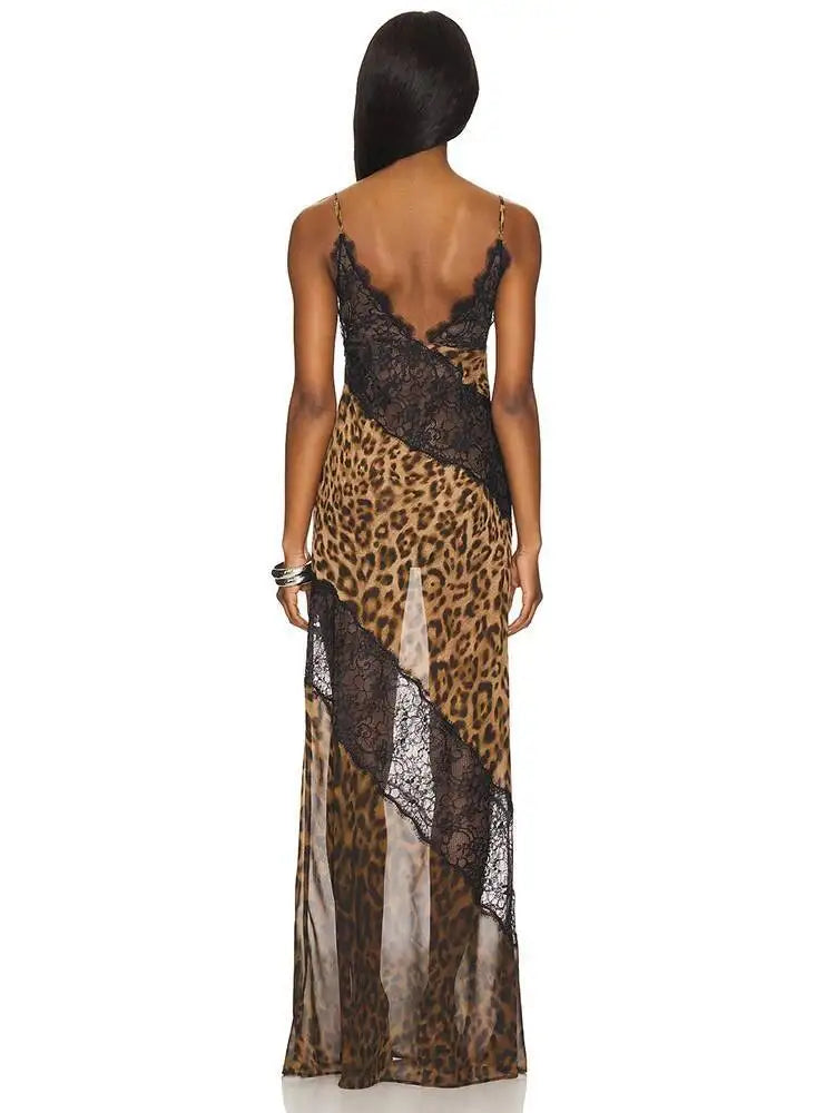 Leopard Spaghetti Strap Backless Maxi Dress