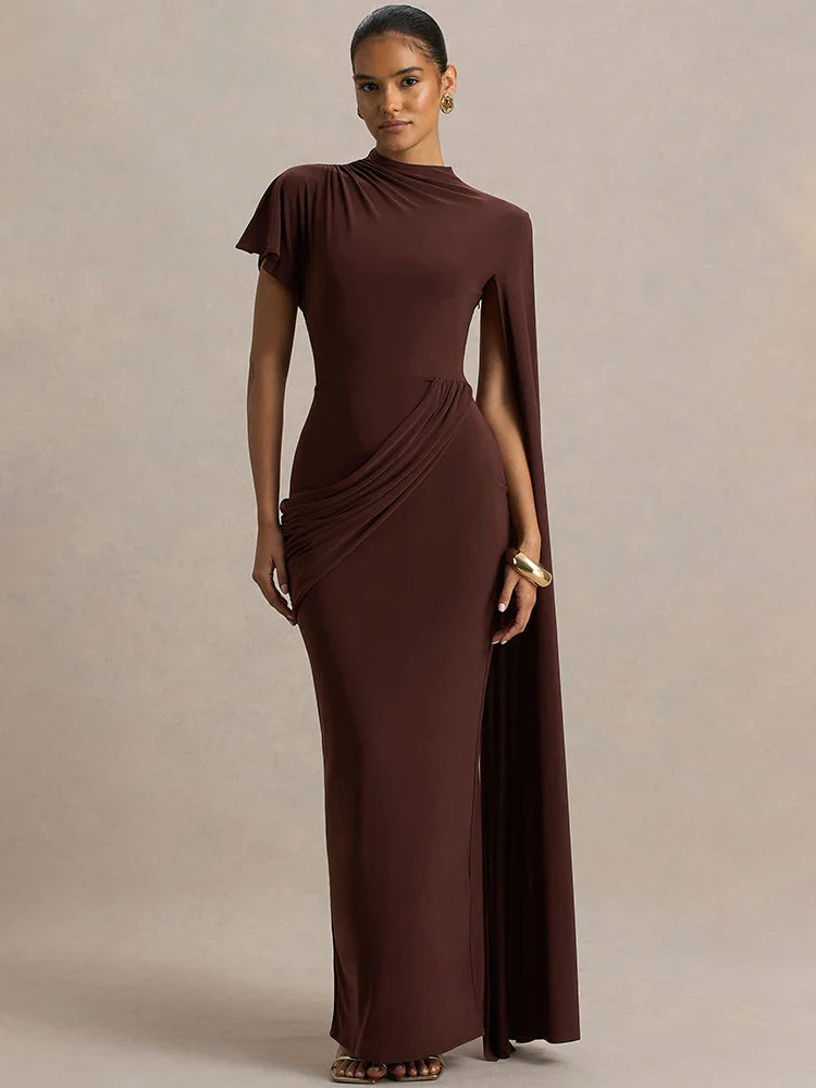 One Cape Sleeve Ruched Maxi Dress