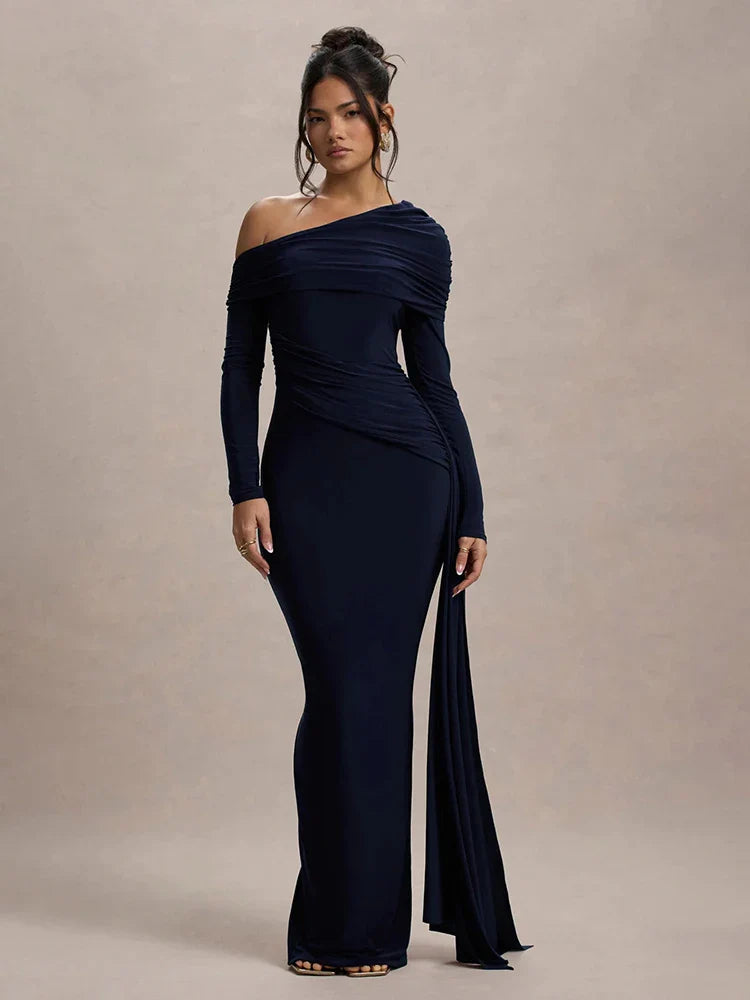 Skew Collar Ruched Backless Maxi Dress