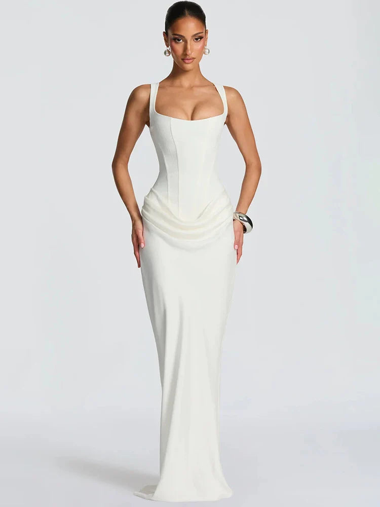 Square Collar Ruched Backless Maxi Dress