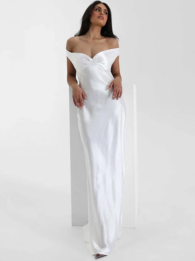Satin Off-Shoulder Backless Maxi Dress
