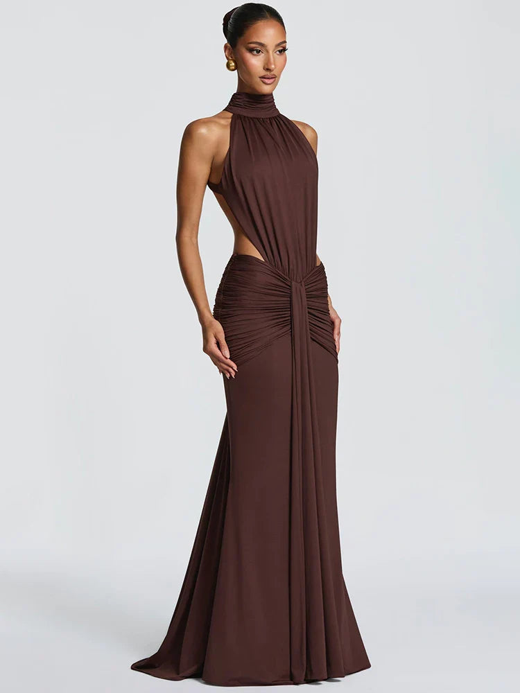 Turtleneck Backless Ruched Maxi Dress