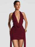Deep V Crystal Backless Mini Dress