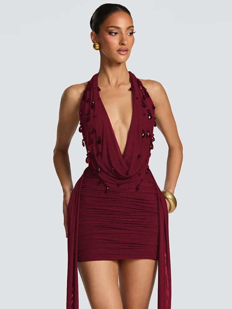 Deep V Crystal Backless Mini Dress