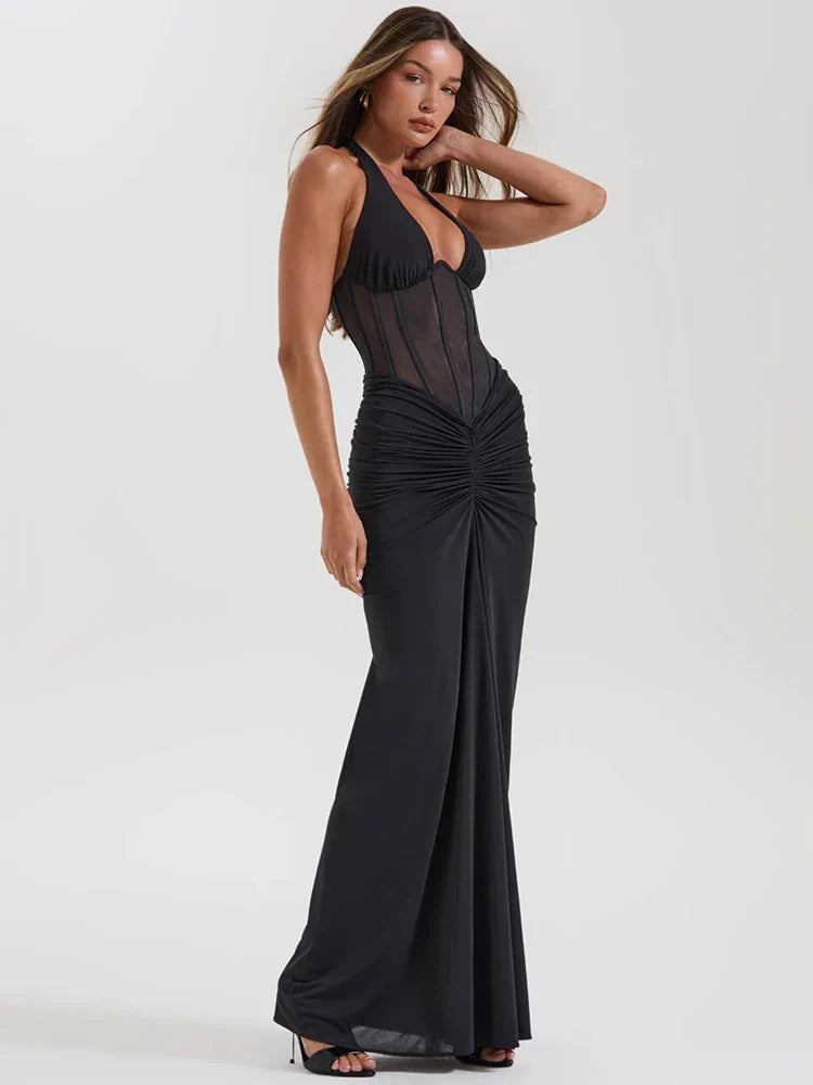 Halter V-Neck Ruched Backless Maxi Dress