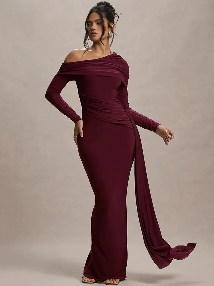 Skew Collar Ruched Backless Maxi Dress