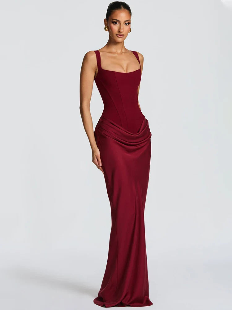 Square Collar Ruched Backless Maxi Dress