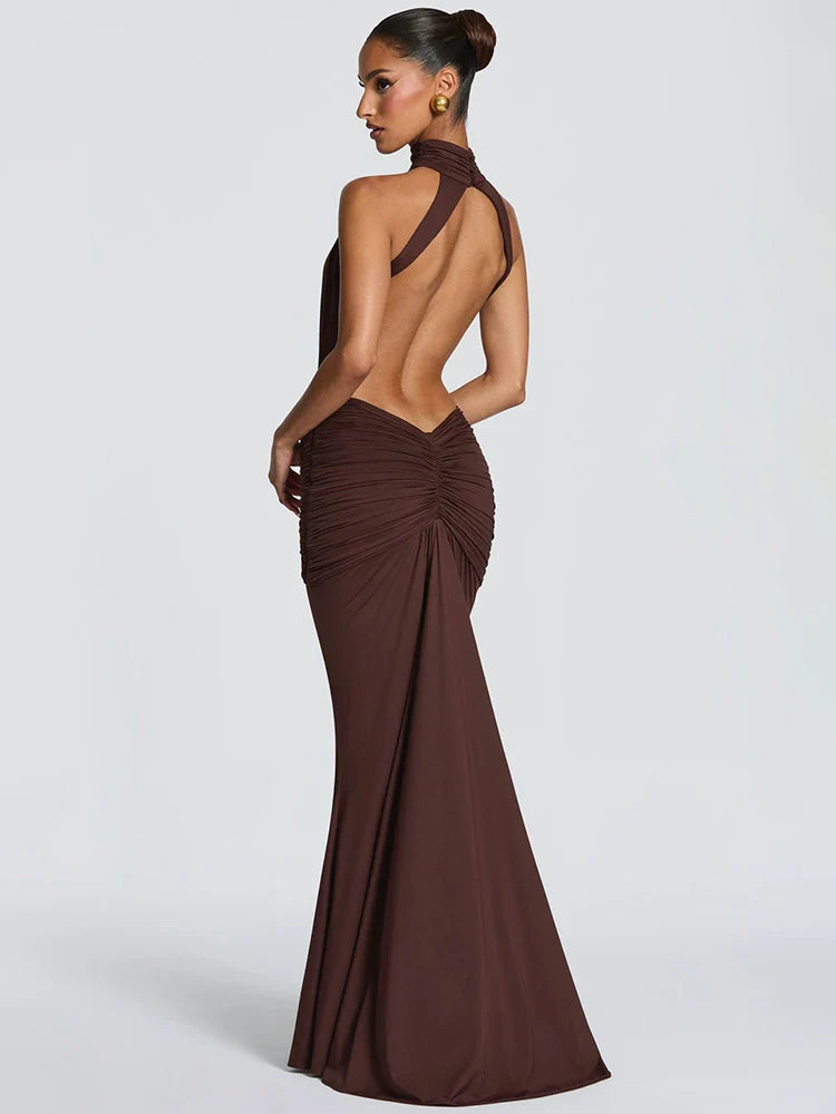 Turtleneck Backless Ruched Maxi Dress