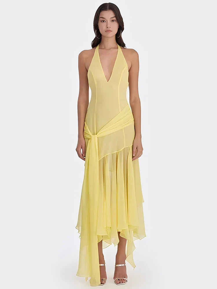 Halter V-Neck Ruched Backless Maxi Dress