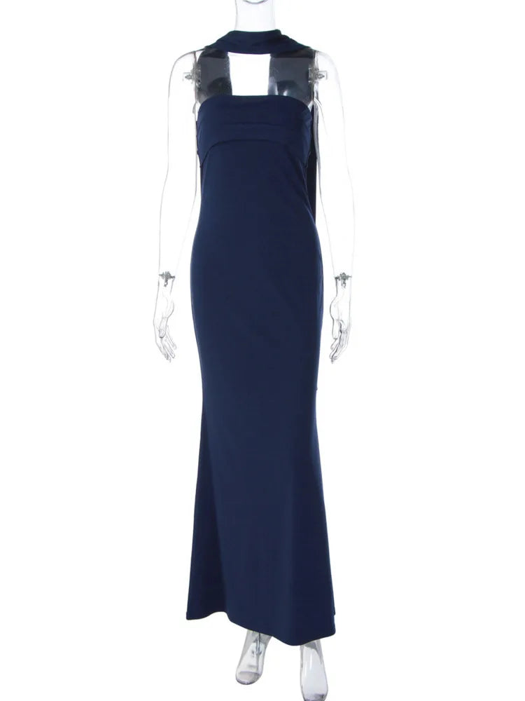 Scarf Collar Backless Bodycon Maxi Dress