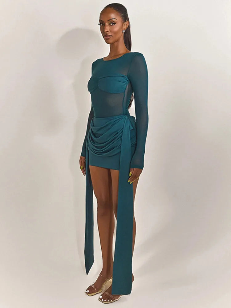 Mesh Patchwork Ruched Mini Dress