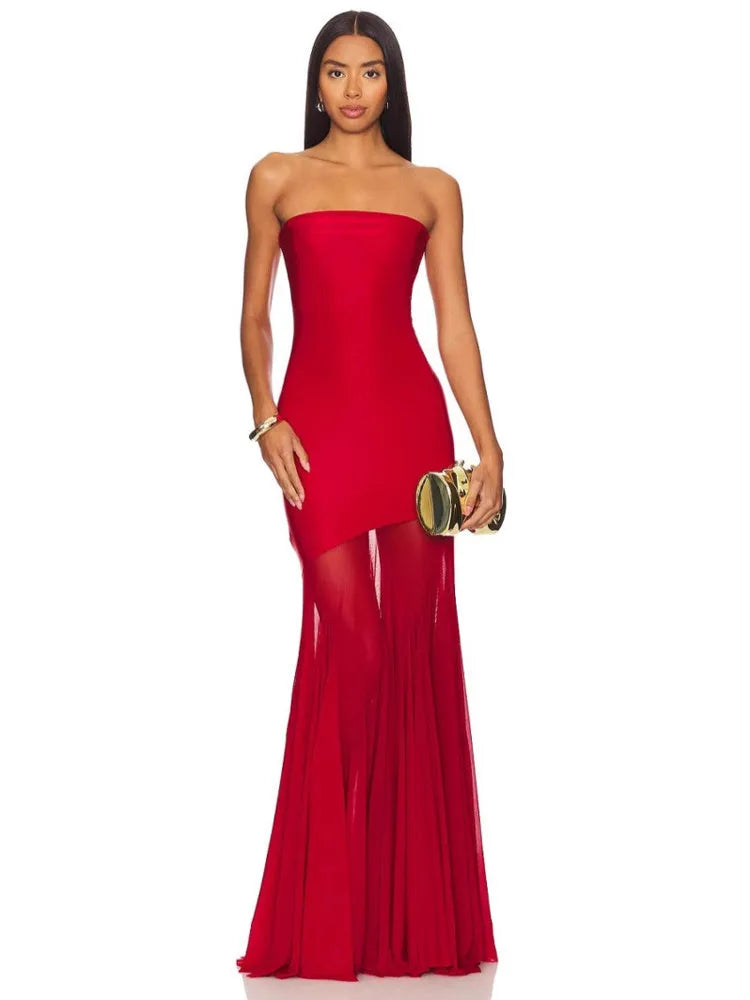 Off-Shoulder Mesh Backless Maxi Dress