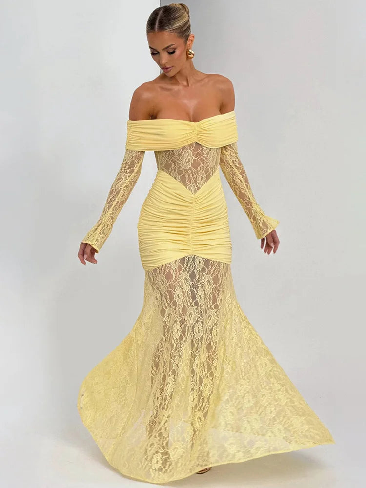 Off-Shoulder Lace Backless Maxi Dress