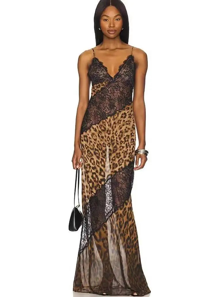 Leopard Spaghetti Strap Backless Maxi Dress