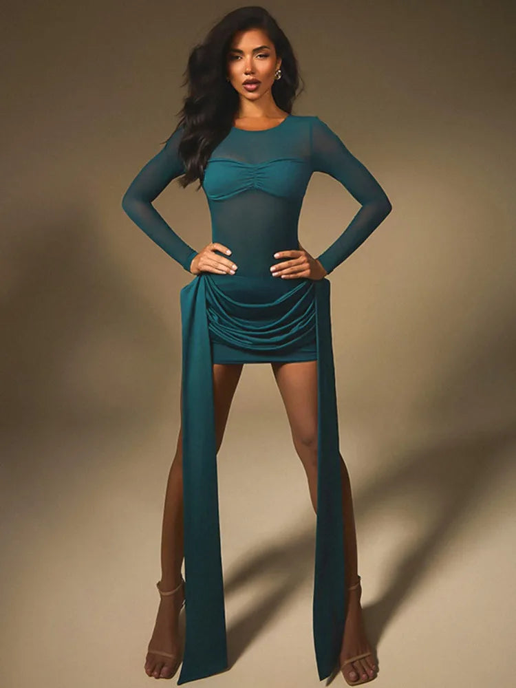 Mesh Patchwork Ruched Mini Dress