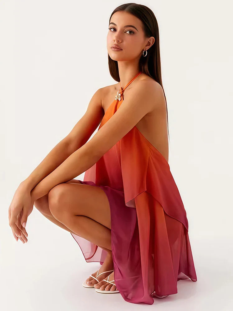 Gradient Halter Backless Mini Dress