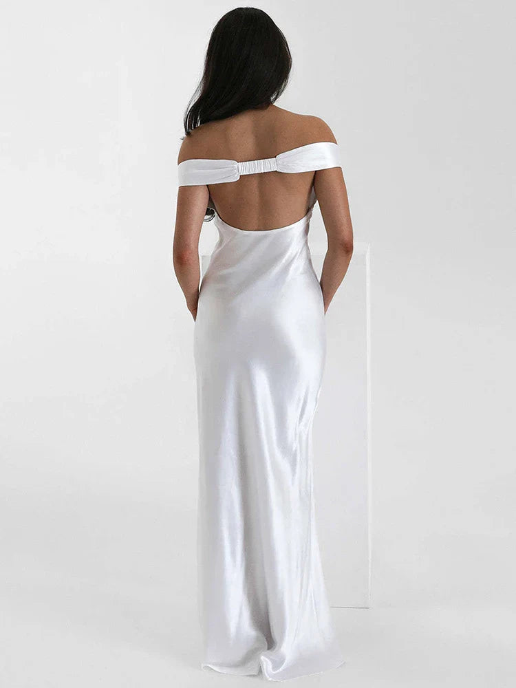 Satin Off-Shoulder Backless Maxi Dress