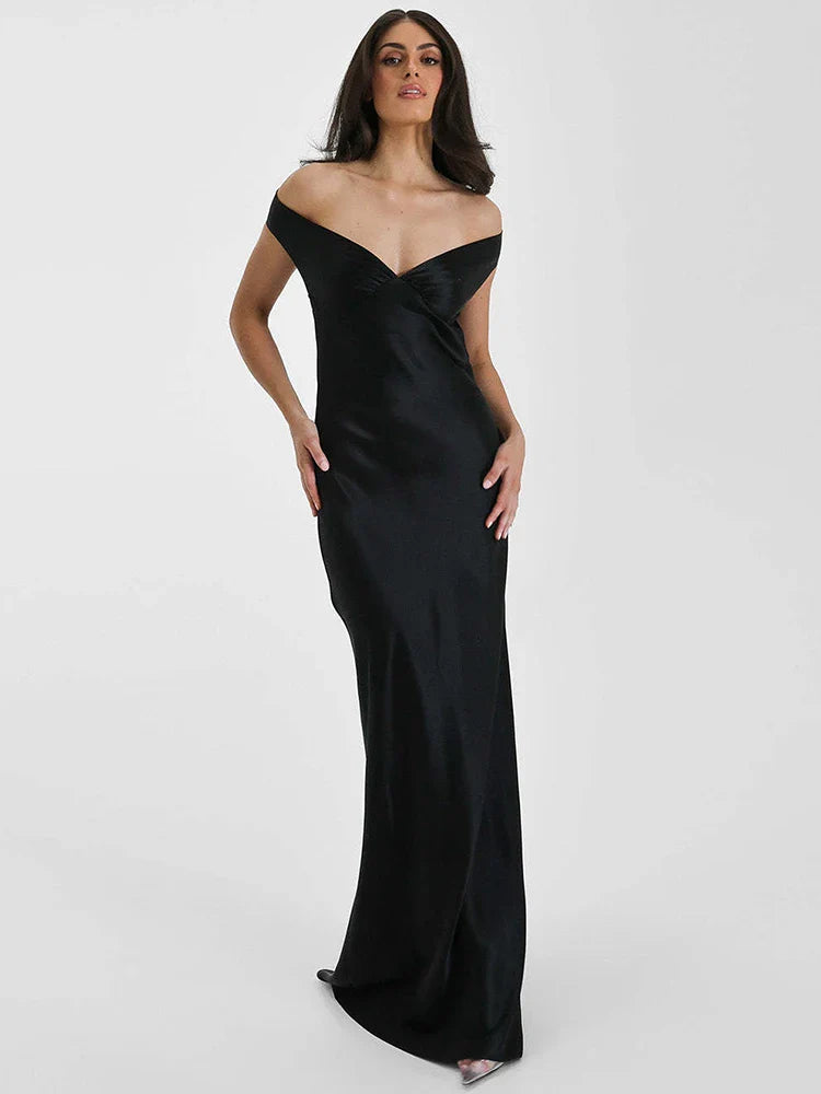 Satin Off-Shoulder Backless Maxi Dress