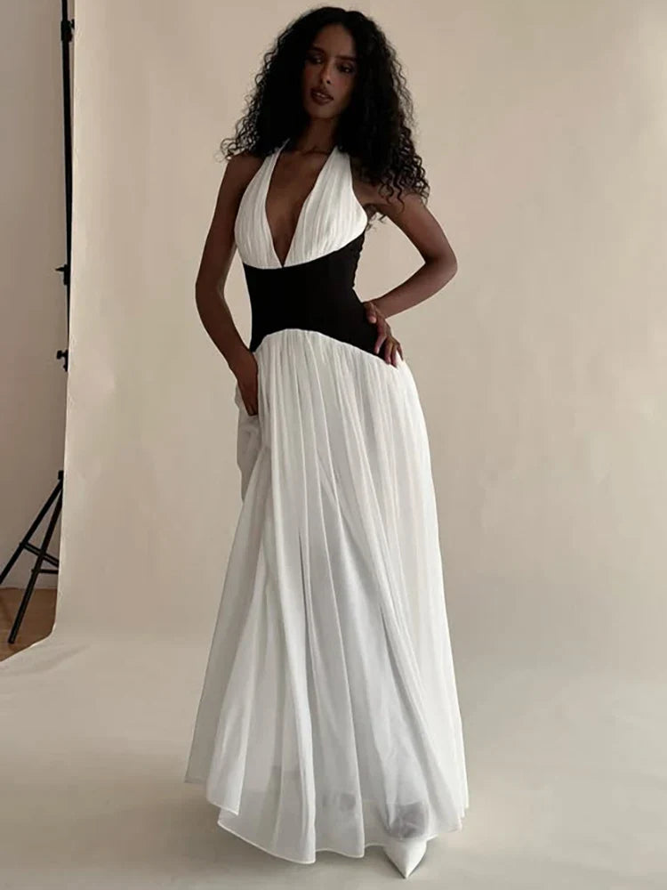 Halter Deep V Backless Patchwork Maxi Dress