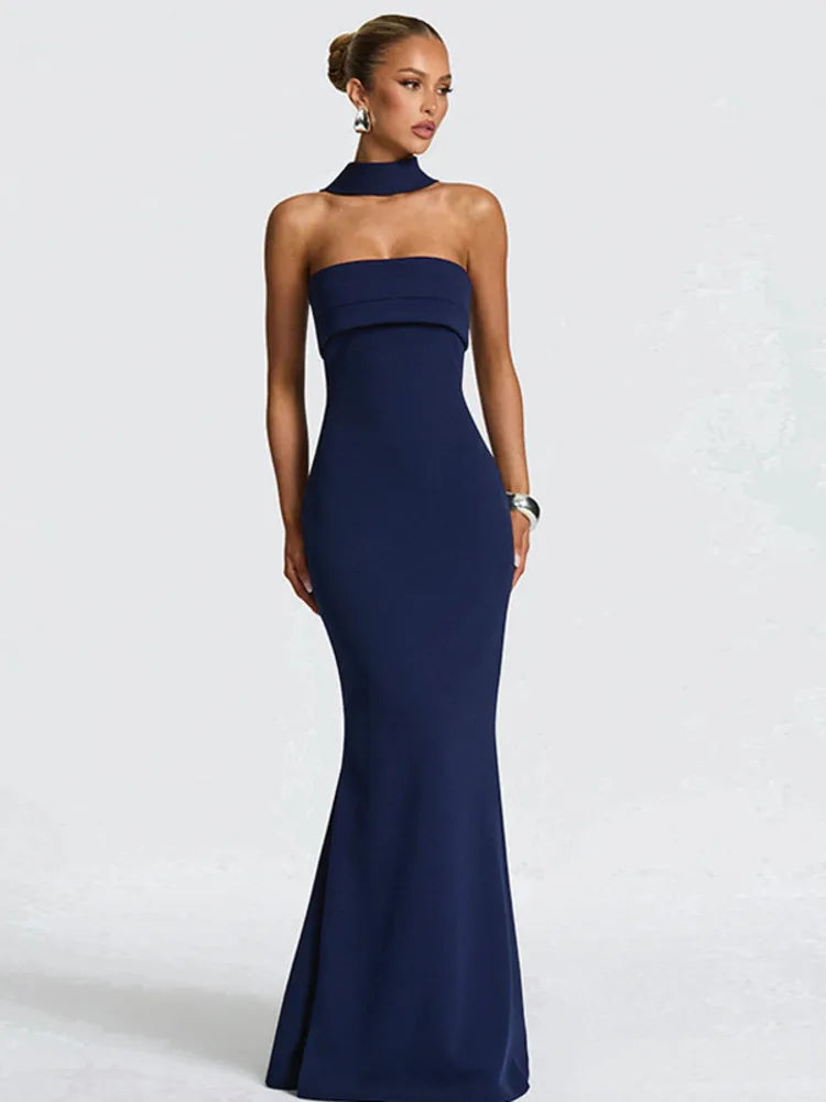 Scarf Collar Backless Bodycon Maxi Dress