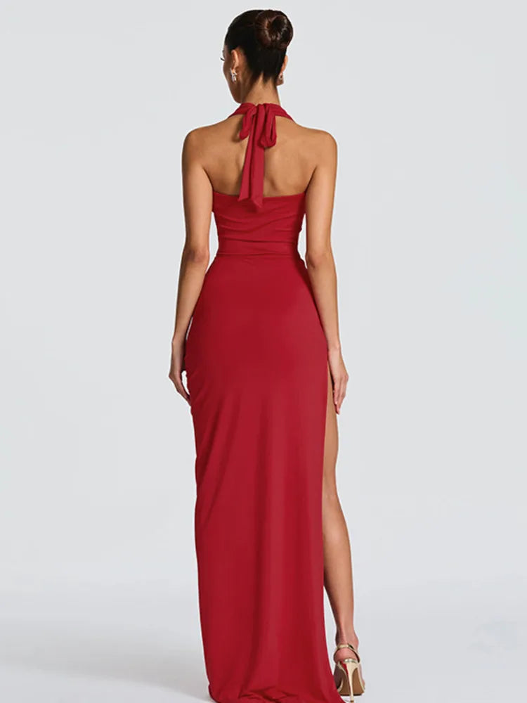 Halter Deep V Split Backless Maxi Dress