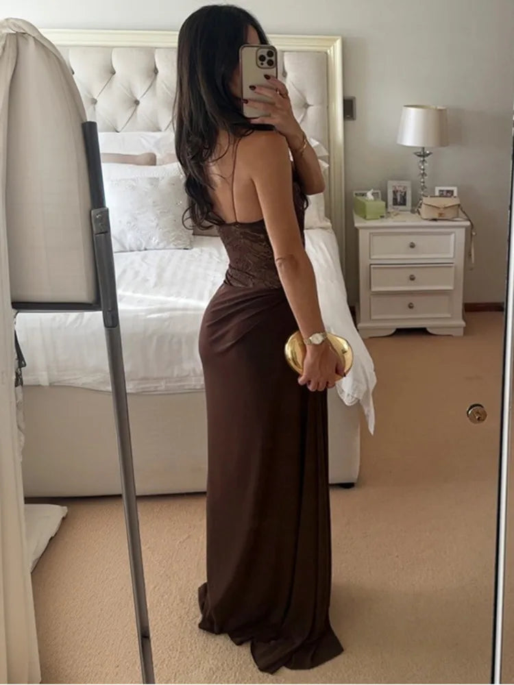 One Shoulder Sheer Backless Maxi Dress
