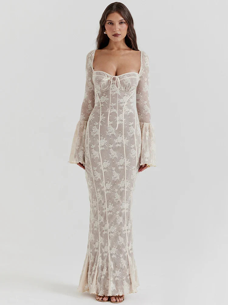 Lace Print Flare Sleeve Backless Maxi Dress