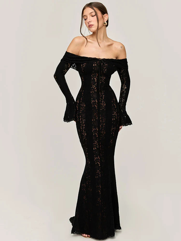 Lace Off-Shoulder Backless Maxi Dress