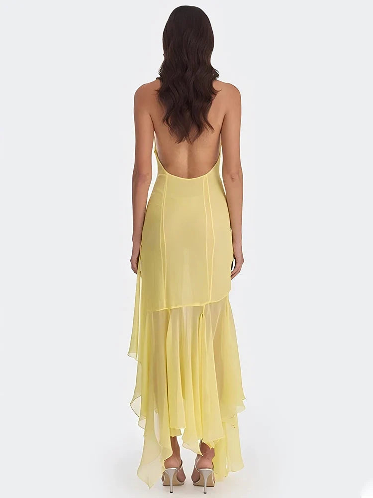Halter V-Neck Ruched Backless Maxi Dress