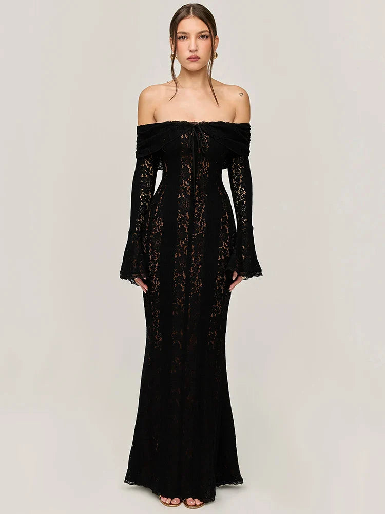 Lace Off-Shoulder Backless Maxi Dress