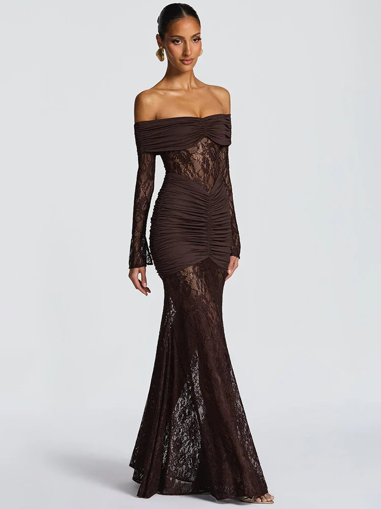 Off-Shoulder Lace Backless Maxi Dress