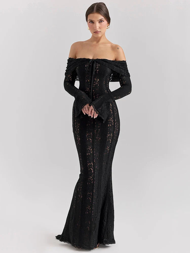 Lace Off-Shoulder Backless Maxi Dress