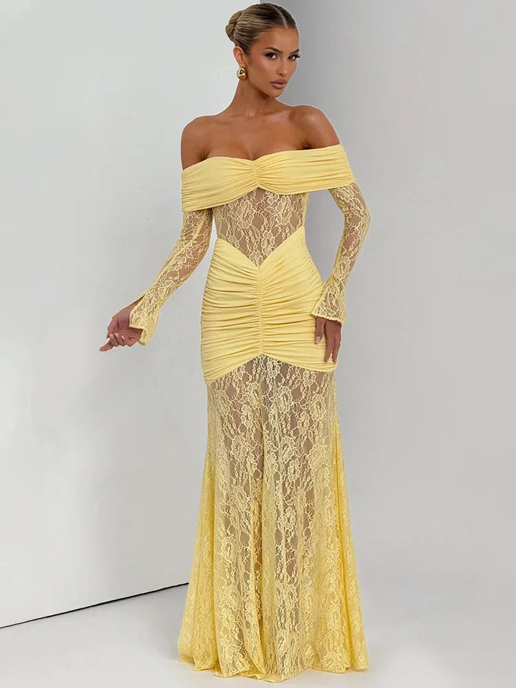 Off-Shoulder Lace Backless Maxi Dress