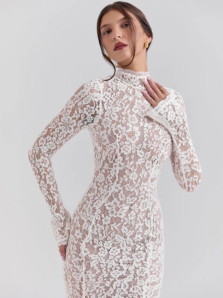 Elegant White Long Sleeve Midi Dress