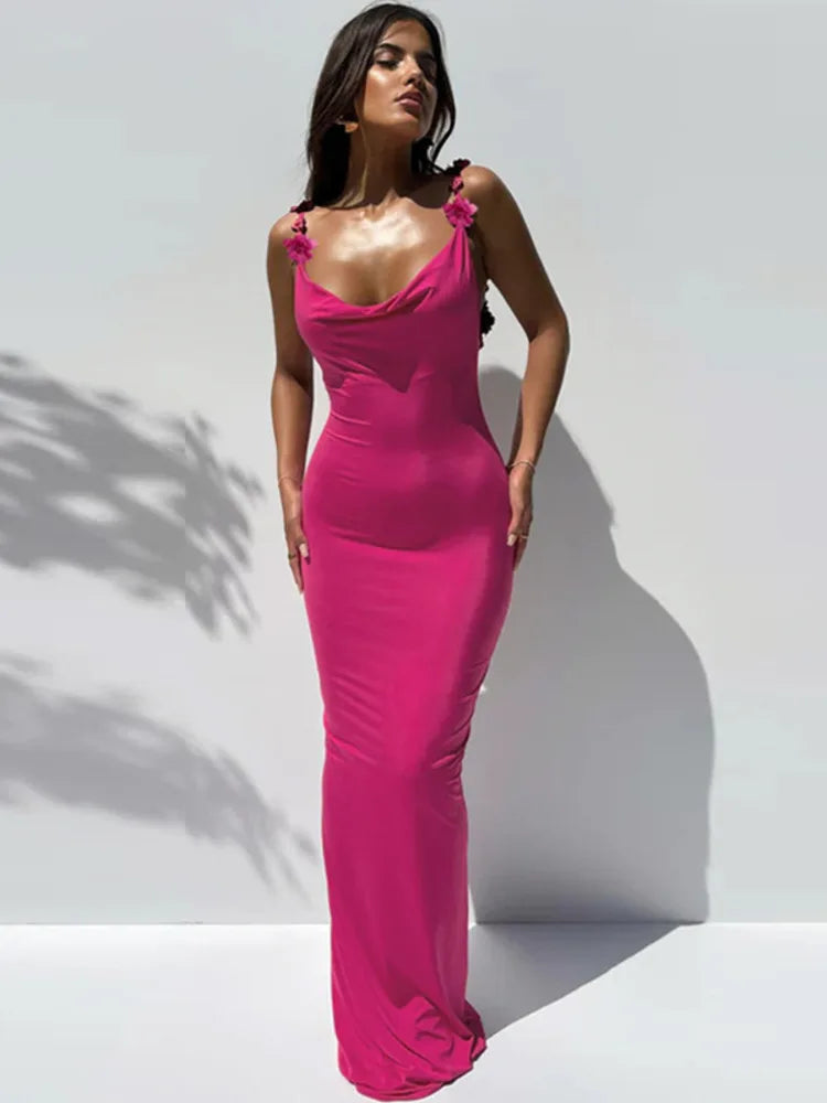 Rose Pink Flower Backless Maxi Dress