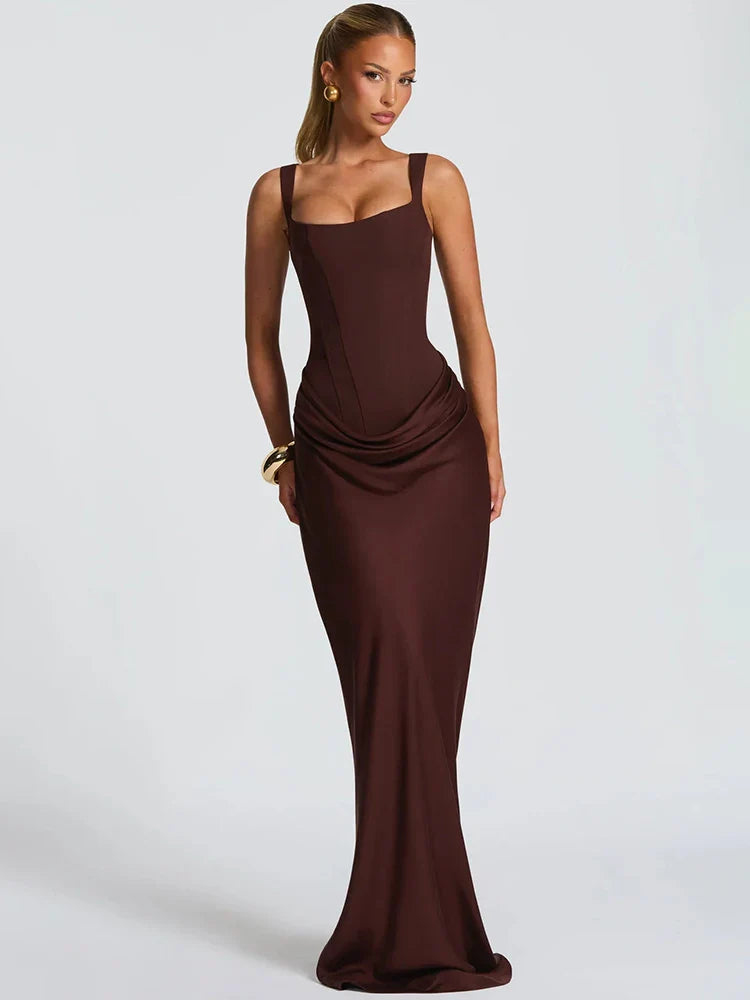 Square Collar Ruched Backless Maxi Dress