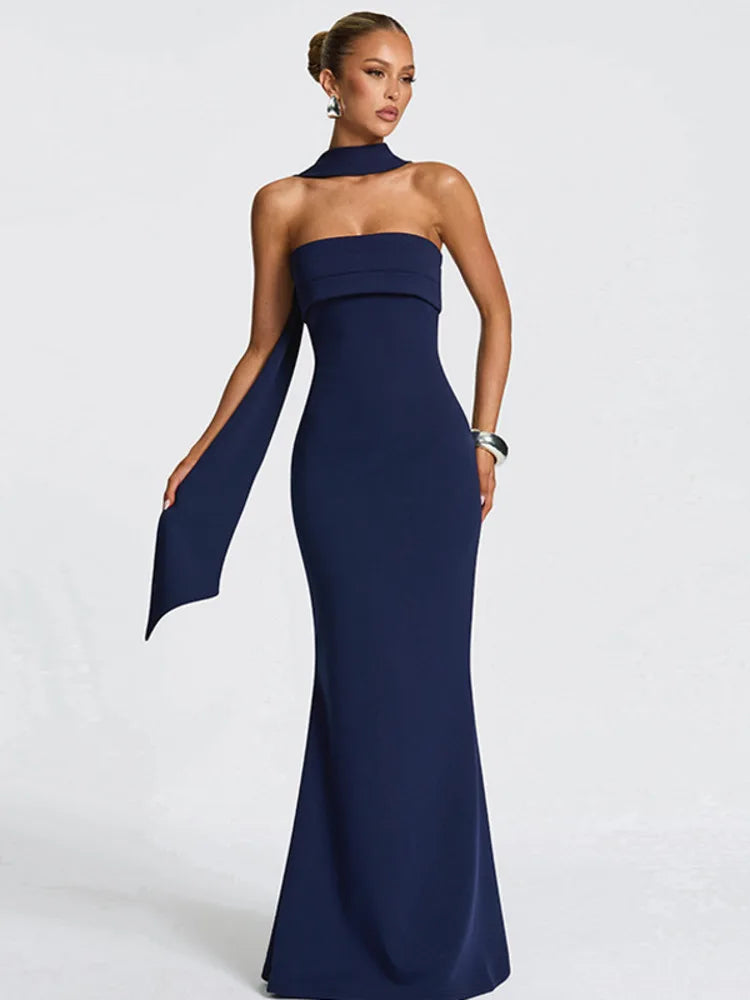 Scarf Collar Backless Bodycon Maxi Dress