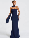 Scarf Collar Backless Bodycon Maxi Dress