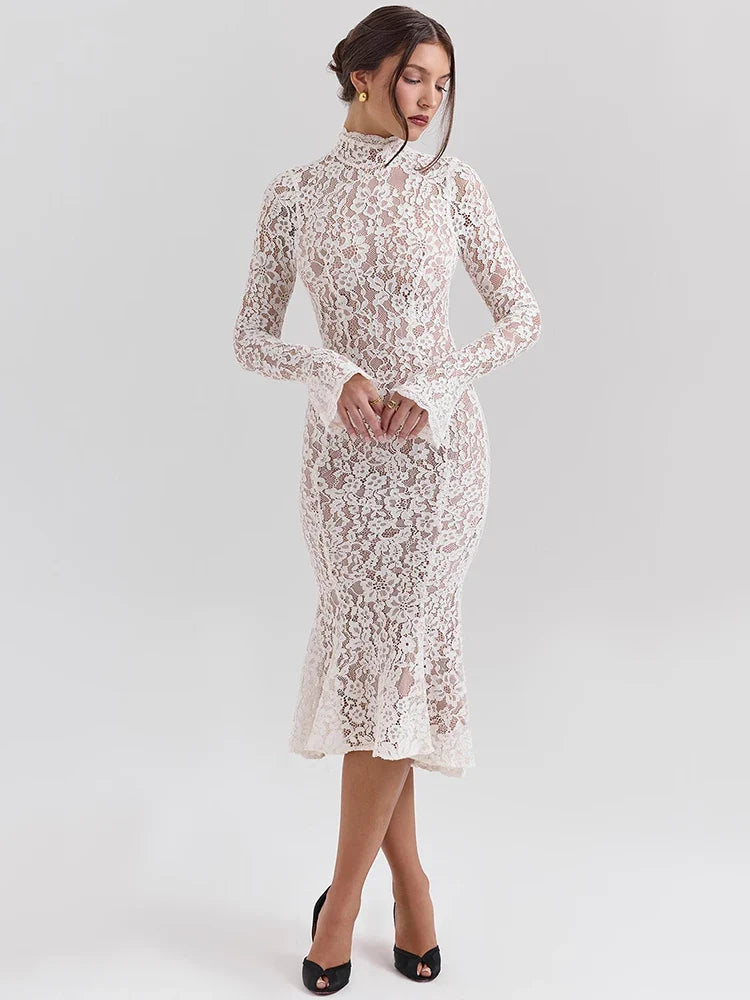 Elegant White Long Sleeve Midi Dress