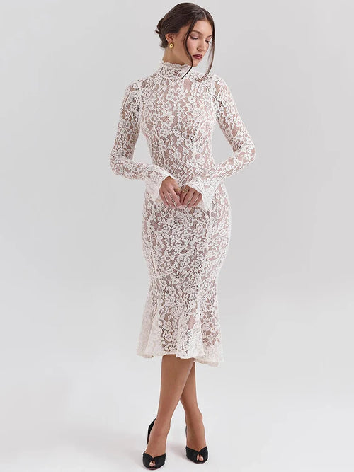 Elegant White Long Sleeve Midi Dress